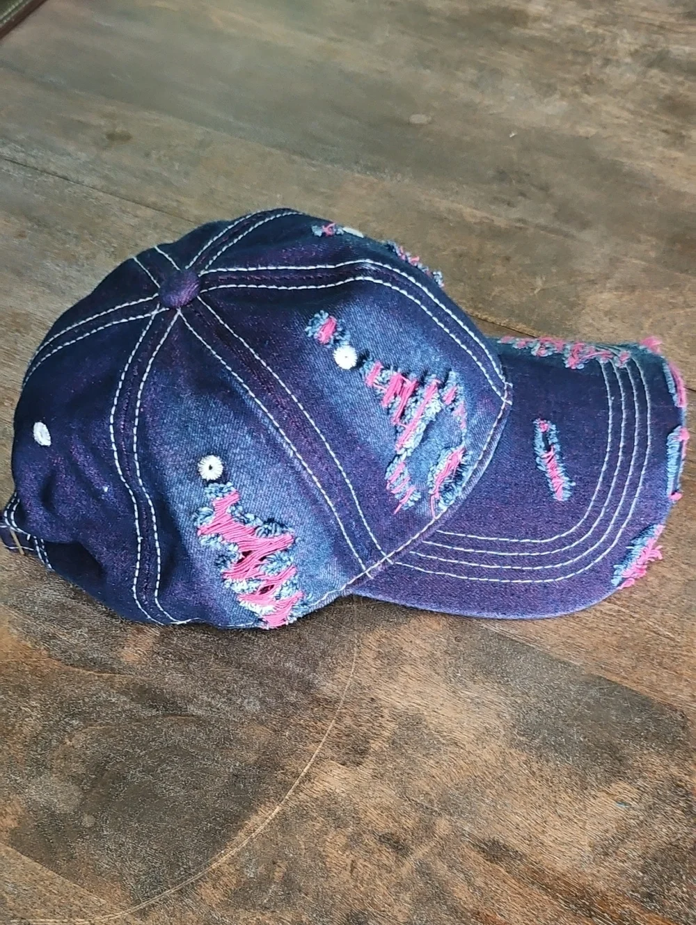 NWT Denim Distressed Baseball Cap With Hot Pink Green Accents